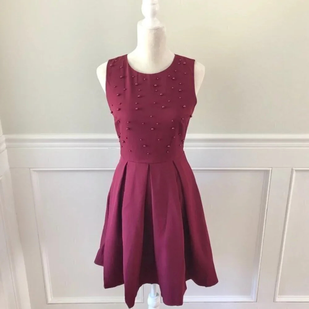 Gilli Dress Wine Red Pearl Embellished Fit & Flare